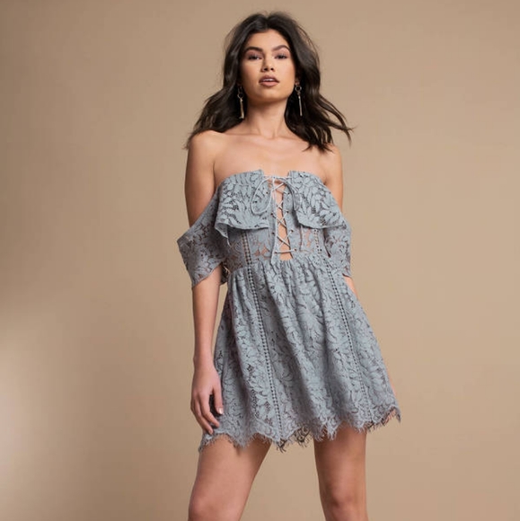 Tobi KINSLEY BLUE LACE RUFFLE SKATER DRESS - Picture 2 of 4